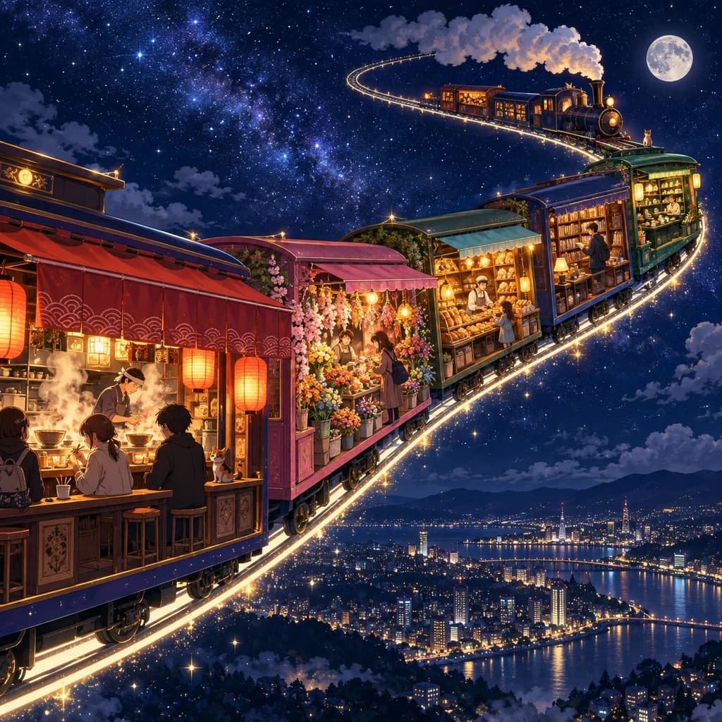 夜空を走る列車の車両がお店になり、窓から温かい光がこぼれるAI生成の作例